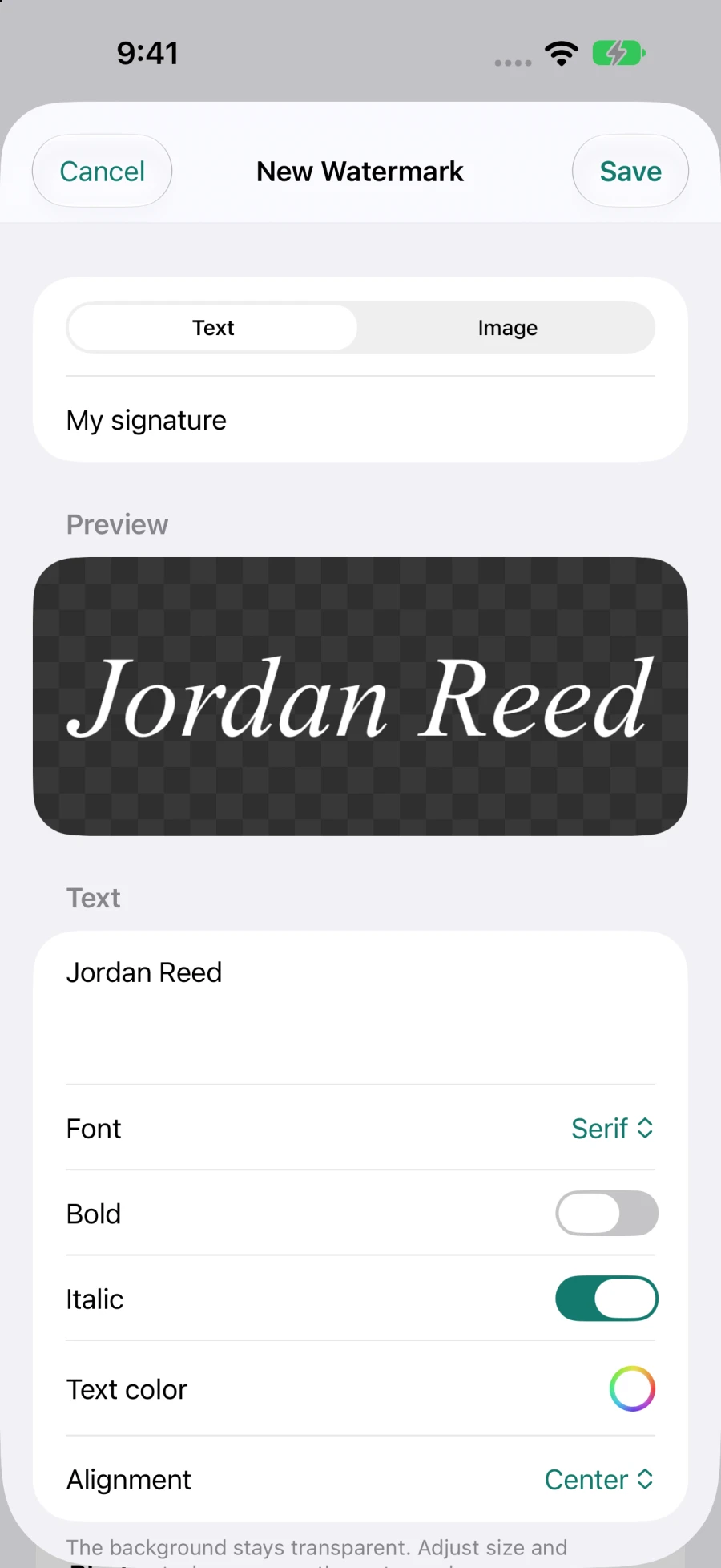 Watermark Studio on iPhone showing a white Jordan Reed signature in the text watermark creator, with font, italic, color, and alignment controls.