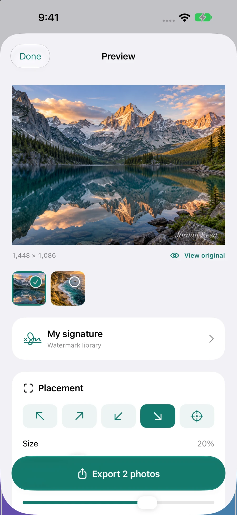 A landscape mountain lake photo in Watermark Studio, with a Jordan Reed signature and controls for watermark placement, size, opacity, and edge spacing.