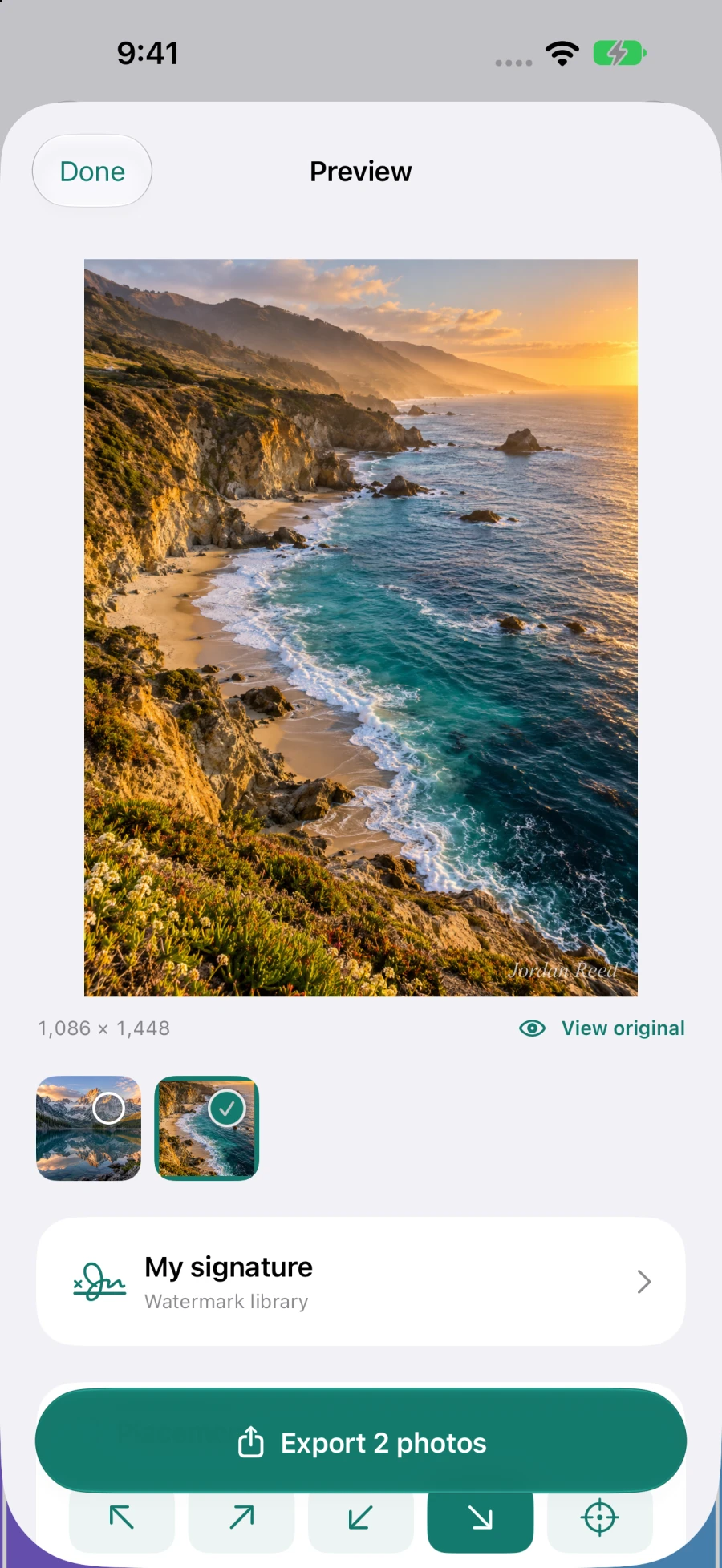 A full portrait coastline photo in Watermark Studio, with a Jordan Reed signature at the bottom right and two selected photos ready to export.